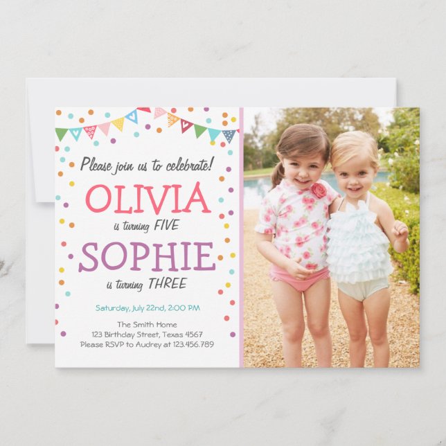 Joint twin birthday party invitation confetti (Front)