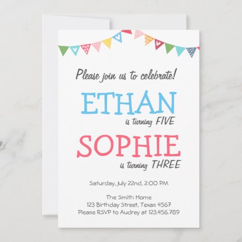 Joint twin birthday party invitation girl and boy