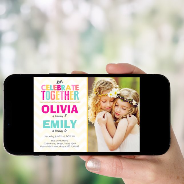 Joint twin birthday party invitation Girls Pink (Front Digital)