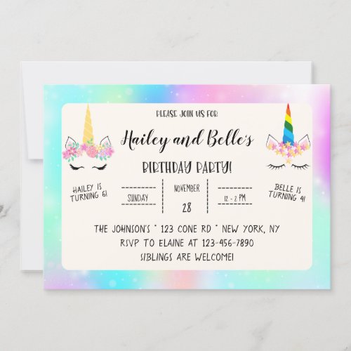 Joint Unicorn Birthday Invitation