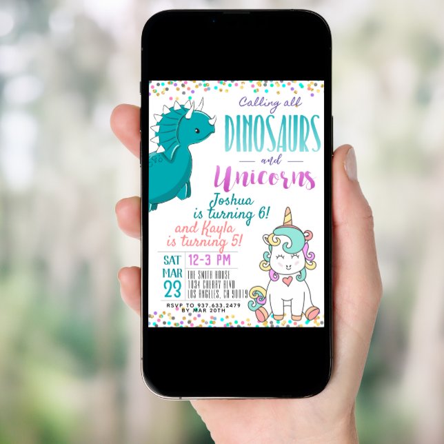 Joint Unicorn Dinosaur Birthday Invitation (Front Digital)