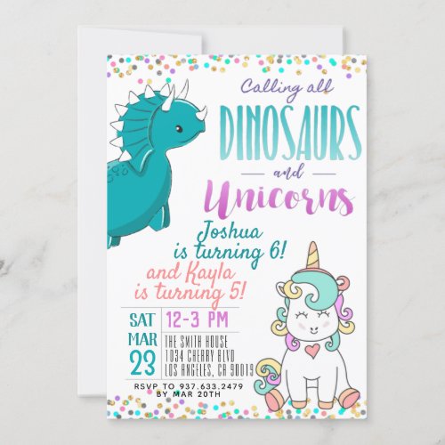 Joint Unicorn Dinosaur Birthday Invitation