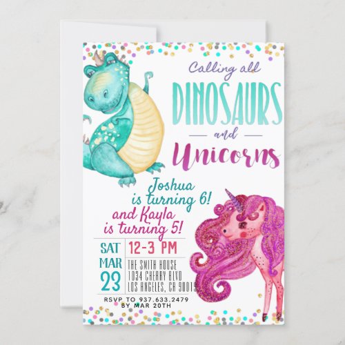 Joint Unicorn Dinosaur Birthday Invitation