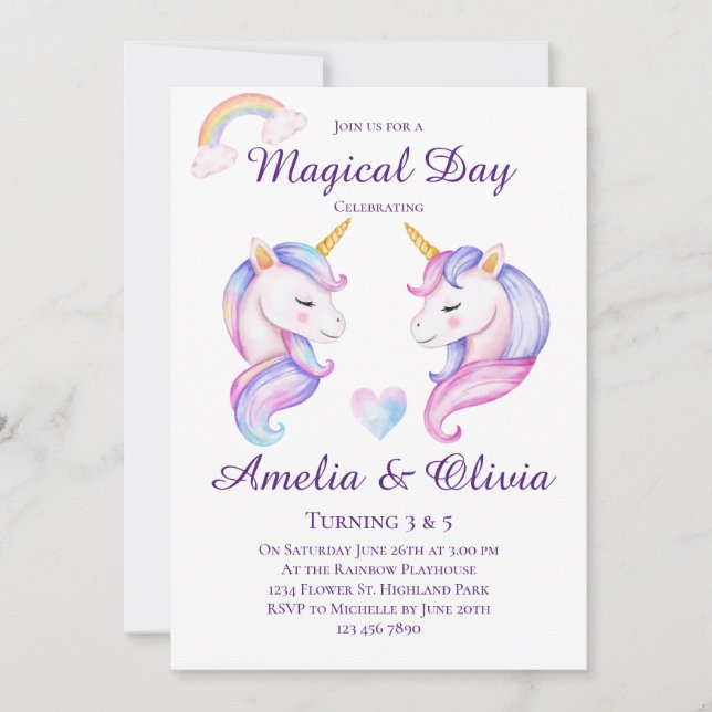 Joint Unicorn Sisters Dual Siblings Birthday Party Invitation (Front)