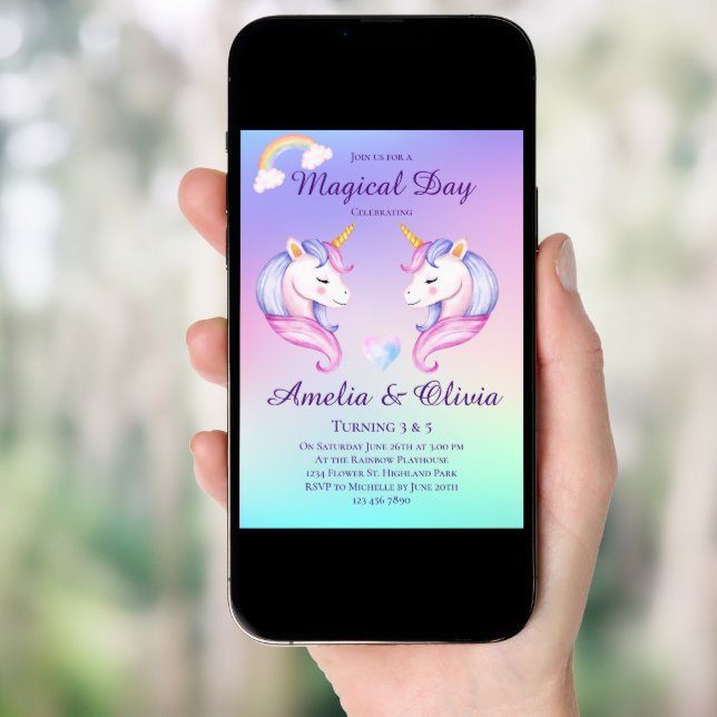 Joint Unicorn Sisters Twin Siblings Birthday Party Invitation (Front Digital)