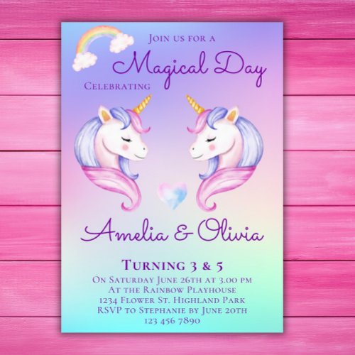 Joint Unicorn Sisters Twin Siblings Birthday Party Invitation