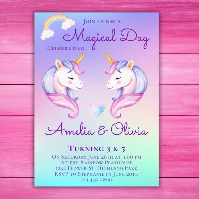 Joint Unicorn Sisters Twin Siblings Birthday Party Invitation (Creator Uploaded)