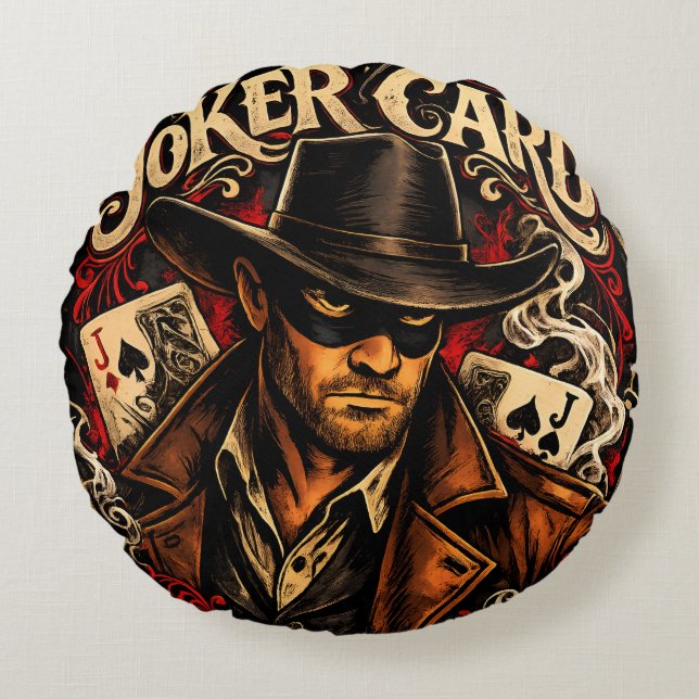 Joker card masked outlaw round throw pillow (Front)