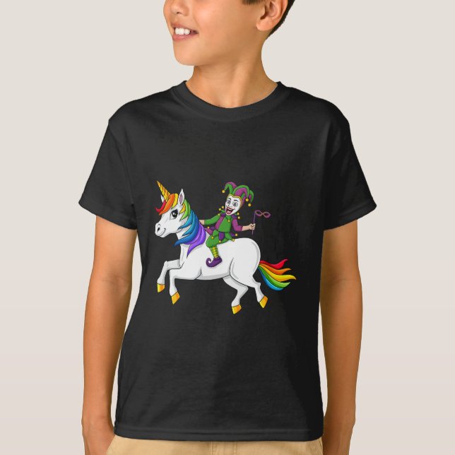 Joker Riding Unicorn Mardi Gras Fun Girls Kids  T-Shirt (Front)