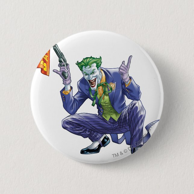 Joker with fake gun pinback button (Front)
