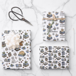 Jolabokaflod Books, Cats, and Cocoa Christmas Gift Wrapping Paper Sheets