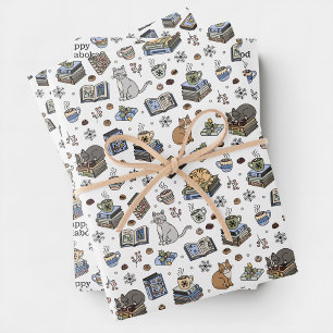 Jolabokaflod Books, Cats, and Cocoa Christmas Gift Wrapping Paper Sheets