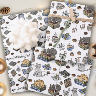 Jolabokaflod Books, Cats, and Cocoa Christmas Gift Wrapping Paper Sheets