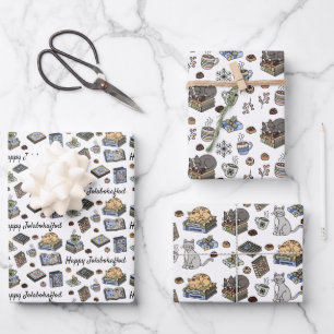 Jolabokaflod Books, Cats, and Cocoa Christmas Gift Wrapping Paper Sheets