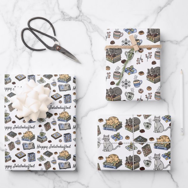 Jolabokaflod Books, Cats, and Cocoa Christmas Gift Wrapping Paper Sheets (Front)
