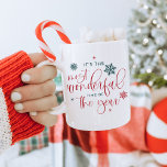 JOLIE Snowflake Wonderful Time Christmas Holiday Coffee Mug<br><div class="desc">This ceramic mug features a fun typography font,  winter snowflakes,  and a fun festive red and green color combination with the phrase,  "it's the most wonderful time of the year." This mug makes the perfect addition to your holiday decor or a great gift for hot cocoa and evenings in.</div>