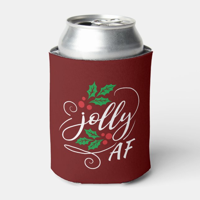 Jolly AF Christmas Beer Drinking Humor Red Can Cooler (Can Front)
