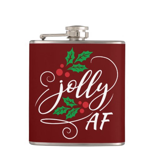 Jolly AF Christmas Holly Alcohol Drinking Humor Flask
