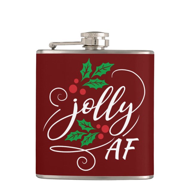 Jolly AF Christmas Holly Alcohol Drinking Humor Flask (Front)