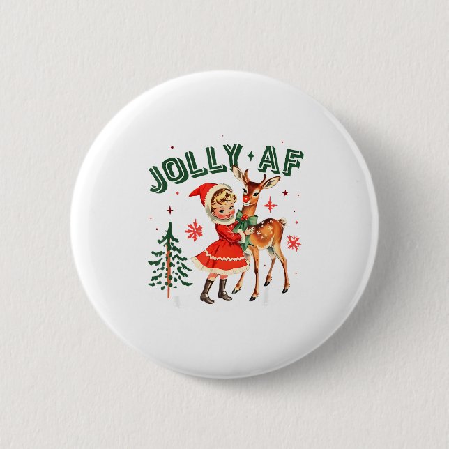 Jolly Af Christmas Retro 50s Cute Girl And Deer Vi Button (Front)