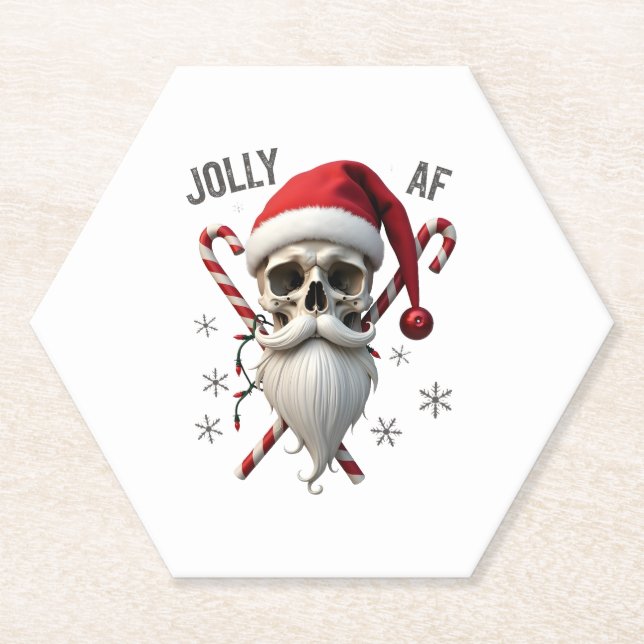 Jolly Af Christmas Skull Santa Hat Happy Xmas Holi Paper Coaster (Front)