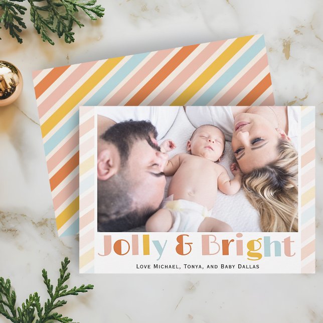 Jolly and Bright Modern Stripe Photo Christmas Holiday Card (Fun Jolly and Bright Colorful Retro Modern Stripe Family Photo Christmas Card)