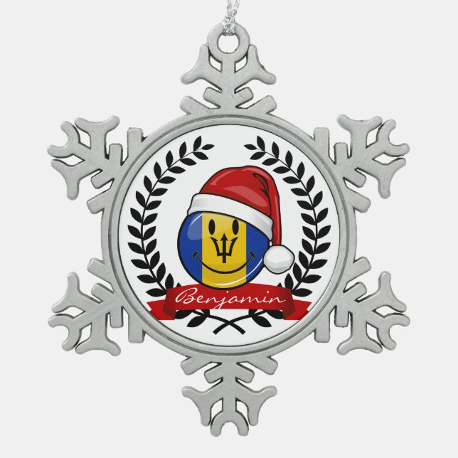 Jolly Barbados Flag Christmas Style Snowflake Pewter Christmas Ornament (Front)