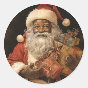 Jolly Black Santa: Festive Christmas Greetings Classic Round Sticker