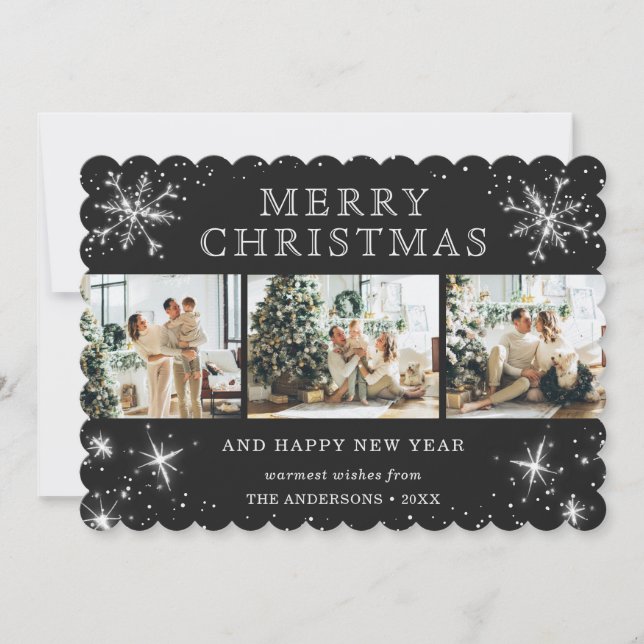 Jolly Black Silver Sparkly Snowflake Photo Collage Holiday Card (Front)