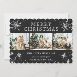 Jolly Black Silver Sparkly Snowflake Photo Collage Holiday Card