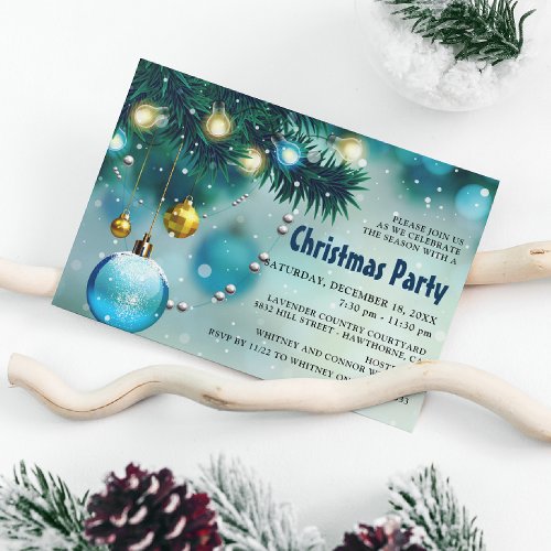Jolly Blue  Gold Christmas Holiday Party Invitation
