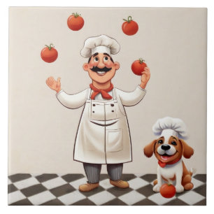 Jolly Chef: French Cook Juggling Tomatoes with dog Ceramic Tile