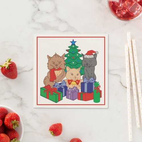 Jolly Christmas Cats Tree Presents Napkins