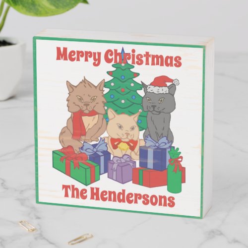 Jolly Christmas Cats Tree Presents Personalized Wooden Box Sign
