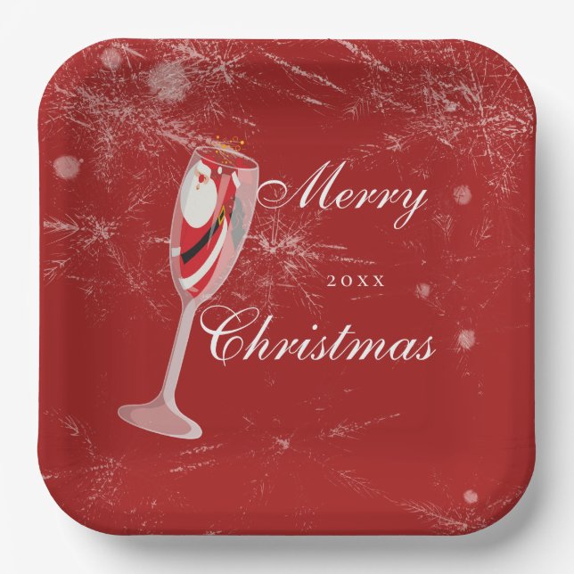 Jolly Christmas Cheers with Santa Champagne winter Paper Plates (Front)