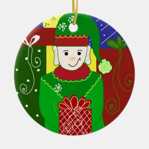 Jolly Christmas Elf Ceramic Ornament