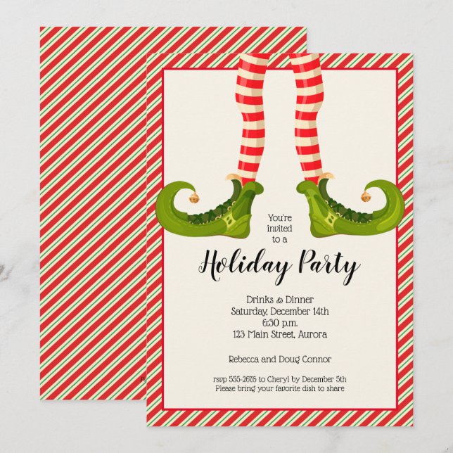 Jolly Christmas Elf Legs Holiday Invitations (Front/Back)