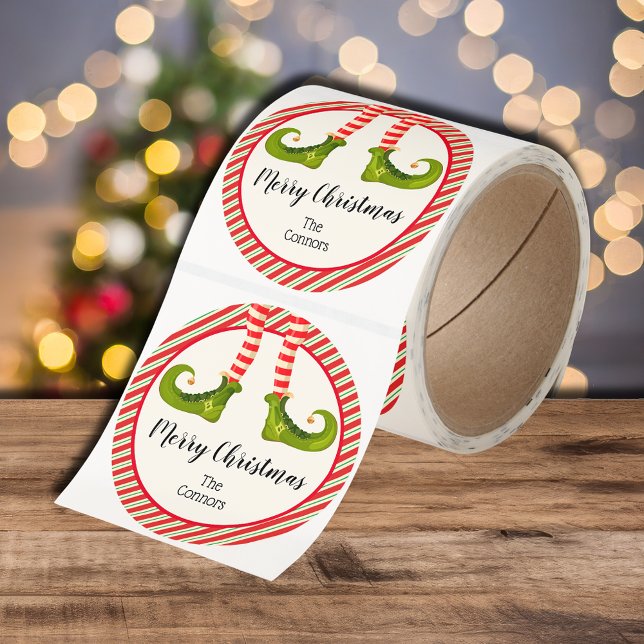 Jolly Christmas Elf Legs Stripes Holiday Classic Round Sticker (Jolly Christmas elf legs with green boots on candy cane stripes round holiday stickers)