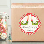 Jolly Christmas Elf Legs Stripes Holiday Classic Round Sticker<br><div class="desc">Fun elf legs wearing red and ivory striped tights and green boots with jingle bells, and your holiday Christmas details in chic lettering, these ROUND stickers are beautiful for party favors, gifts, invitation envelopes, homemade food gifts and more. ***ALL SHAPES are already done for you in our store plus see...</div>