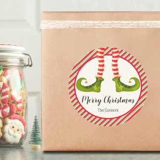 Jolly Christmas Elf Legs Stripes Holiday Classic Round Sticker