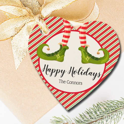 Jolly Christmas Elf Legs Stripes Holiday HEART Favor Tags