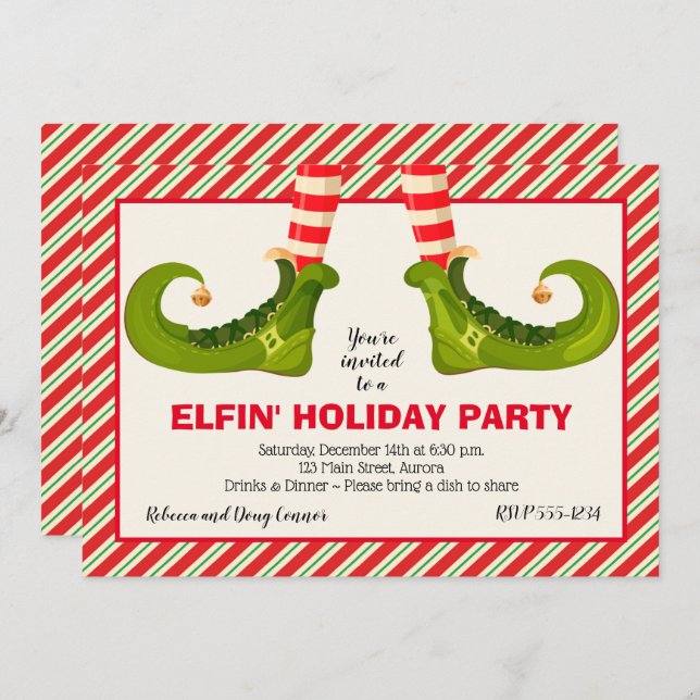 Jolly Christmas Elf Legs Stripes Holiday Invites (Front/Back)