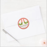 Jolly Christmas Elf Legs Stripes Holiday Small Classic Round Sticker<br><div class="desc">Fun elf legs wearing red and ivory striped tights and green boots with jingle bells, and your holiday Christmas details in chic lettering, these small stickers are beautiful for party favors, gifts, invitation envelopes, homemade food gifts and more. ***ALL SHAPES are already done for you in our store plus see...</div>