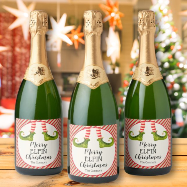 Jolly Christmas Elf Legs Stripes Holiday Sparkling Wine Label (Jolly Christmas Elf Legs Stripes Holiday Sparkling Wine Bottle Labels)