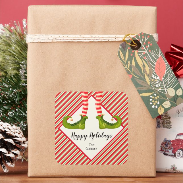 Jolly Christmas Elf Legs Stripes Holiday SQUARE Sticker (Holiday)