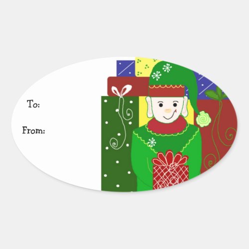 Jolly Christmas Elf Oval Sticker