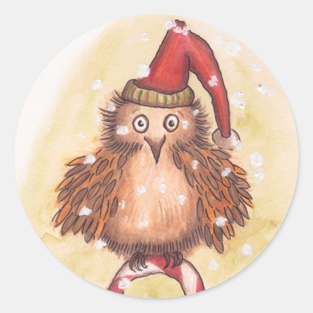 Jolly Christmas Owl Classic Round Sticker (Front)