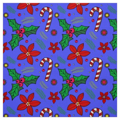 Jolly Christmas Poinsettia Holly Candy Cane fabric
