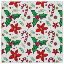 Jolly Christmas Poinsettia Holly Candy Cane fabric