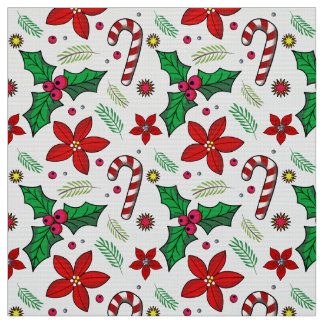 Jolly Christmas Poinsettia Holly Candy Cane fabric